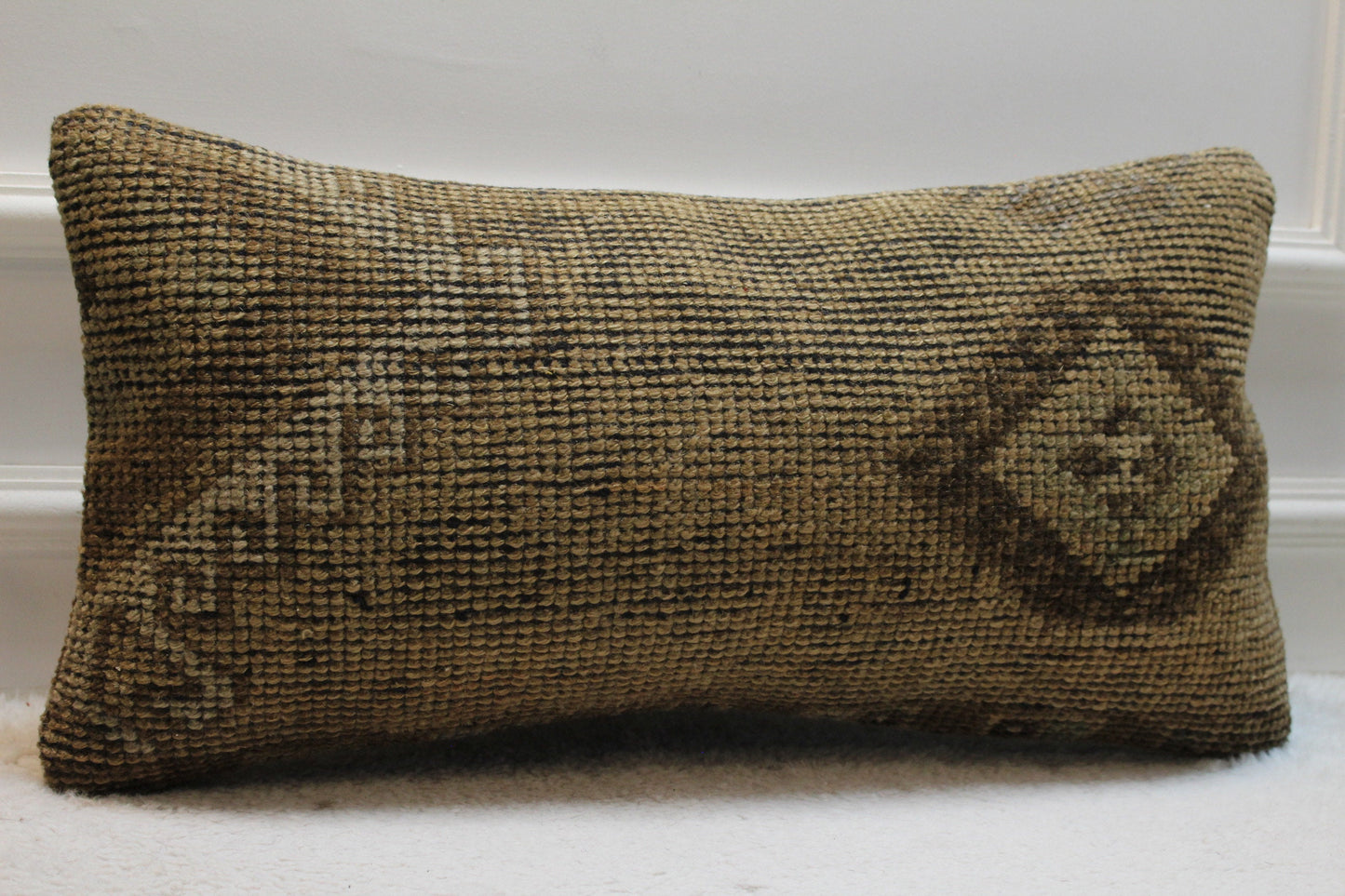Brown Turkish Rug Lumbar Pillow Cover: Vintage Woven Design (12x24 in)