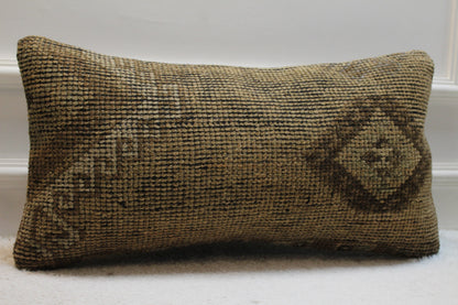 Brown Turkish Rug Lumbar Pillow Cover: Vintage Woven Design (12x24 in)