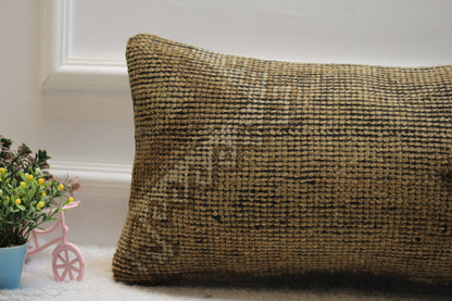 Brown Turkish Rug Lumbar Pillow Cover: Vintage Woven Design (12x24 in)