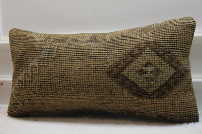 Brown Turkish Rug Lumbar Pillow Cover: Vintage Woven Design (12x24 in)