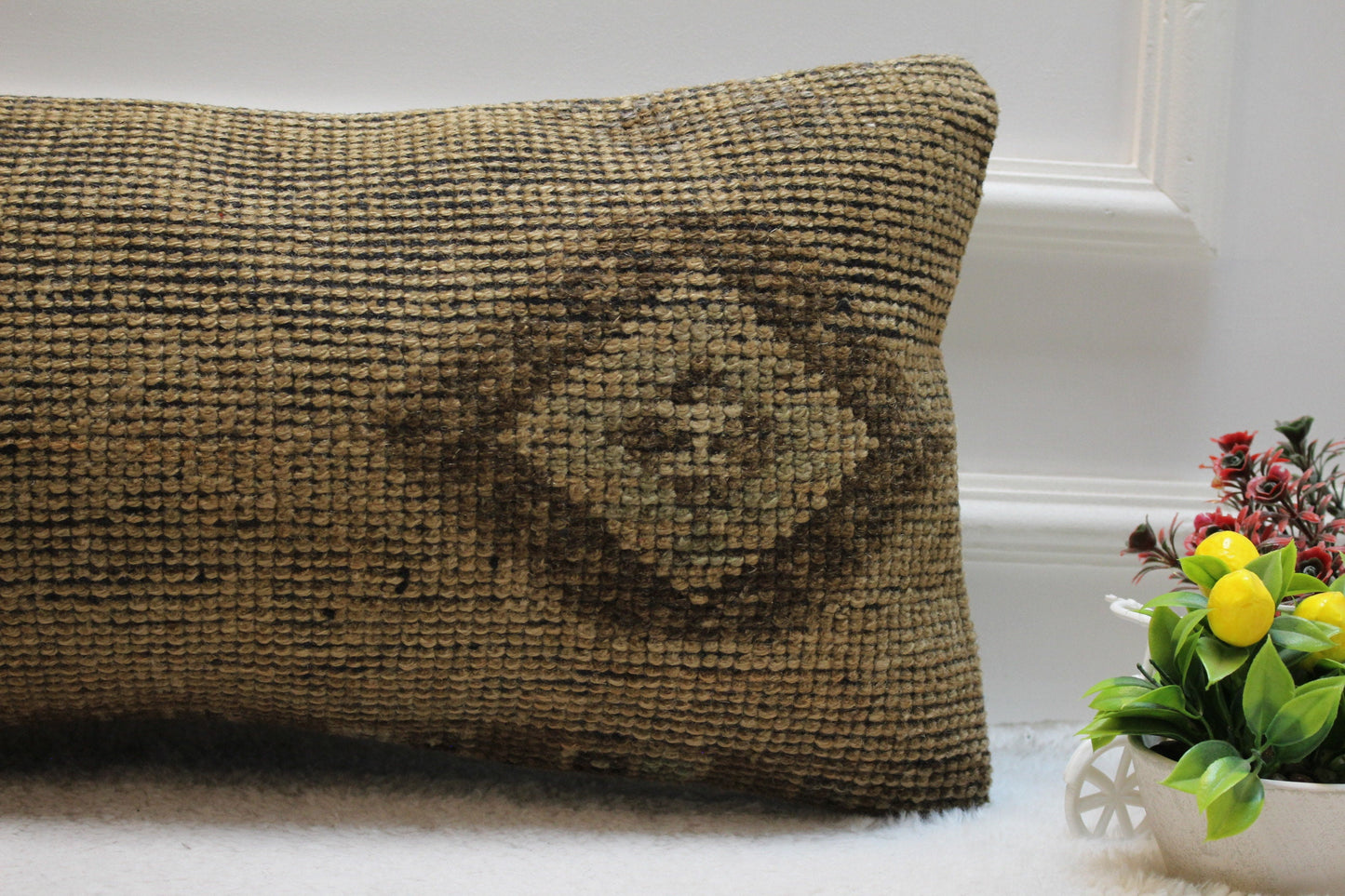 Brown Turkish Rug Lumbar Pillow Cover: Vintage Woven Design (12x24 in)