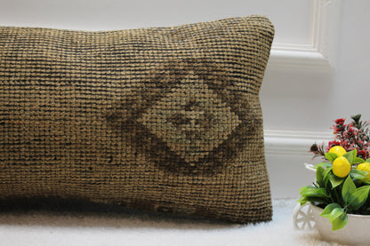 Brown Turkish Rug Lumbar Pillow Cover: Vintage Woven Design (12x24 in)