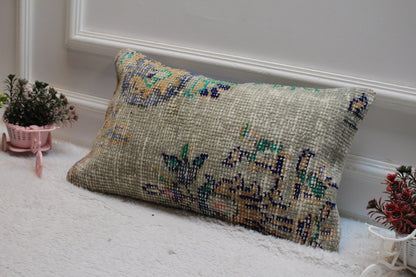 Handmade Kilim Lumbar Pillow Cover: Floral Beige Wool, 12x20 inc