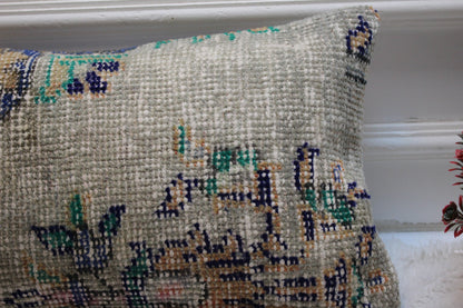 Handmade Kilim Lumbar Pillow Cover: Floral Beige Wool, 12x20 inc