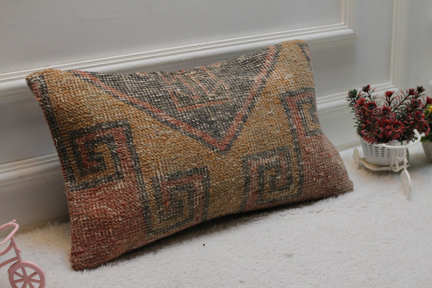 Hand Knotted Wool Pillow Cover: Geometric Turkish Rug Design (12x20 in)