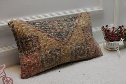 Hand Knotted Wool Pillow Cover: Geometric Turkish Rug Design (12x20 in)