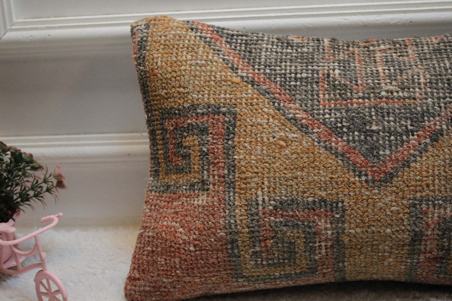 Hand Knotted Wool Pillow Cover: Geometric Turkish Rug Design (12x20 in)