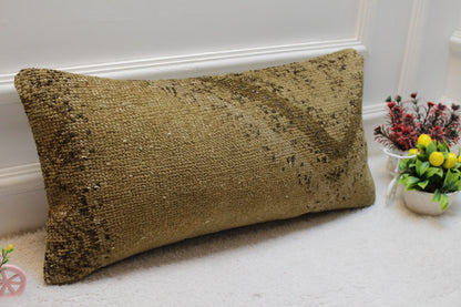 Hand Knotted Wool Lumbar Pillow: Beige Brown Turkish Rug Case (12x24 in)
