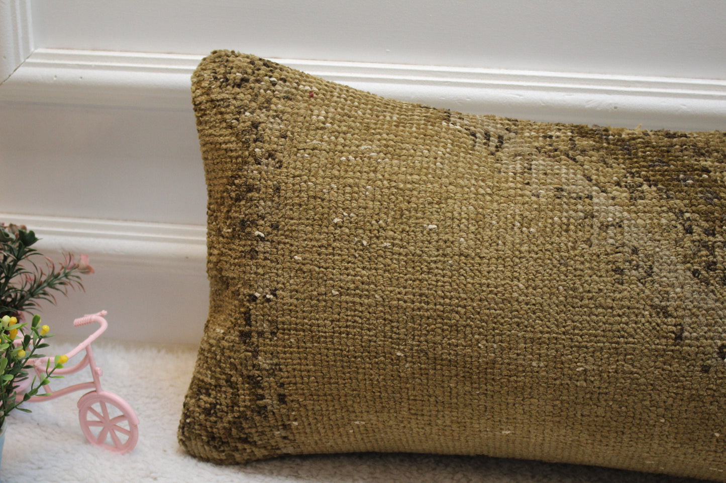 Hand Knotted Wool Lumbar Pillow: Beige Brown Turkish Rug Case (12x24 in)