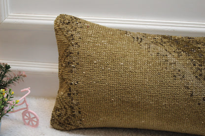 Hand Knotted Wool Lumbar Pillow: Beige Brown Turkish Rug Case (12x24 in)
