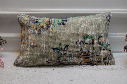 Handmade Kilim Lumbar Pillow Cover: Floral Beige Wool, 12x20 inc