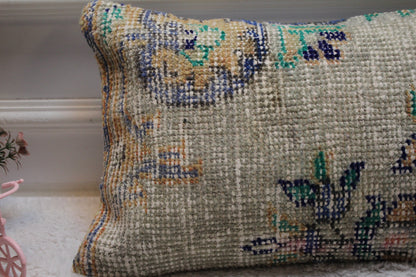 Handmade Kilim Lumbar Pillow Cover: Floral Beige Wool, 12x20 inc
