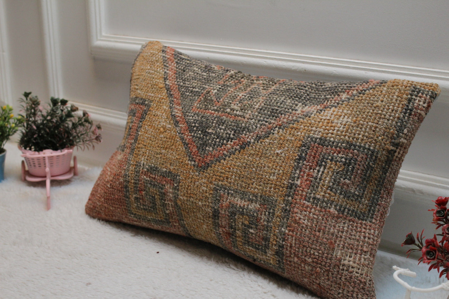 Hand Knotted Wool Pillow Cover: Geometric Turkish Rug Design (12x20 in)