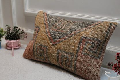 Hand Knotted Wool Pillow Cover: Geometric Turkish Rug Design (12x20 in)