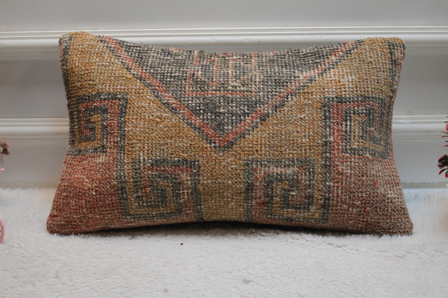 Hand Knotted Wool Pillow Cover: Geometric Turkish Rug Design (12x20 in)
