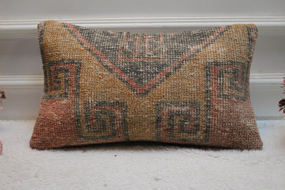 Hand Knotted Wool Pillow Cover: Geometric Turkish Rug Design (12x20 in)