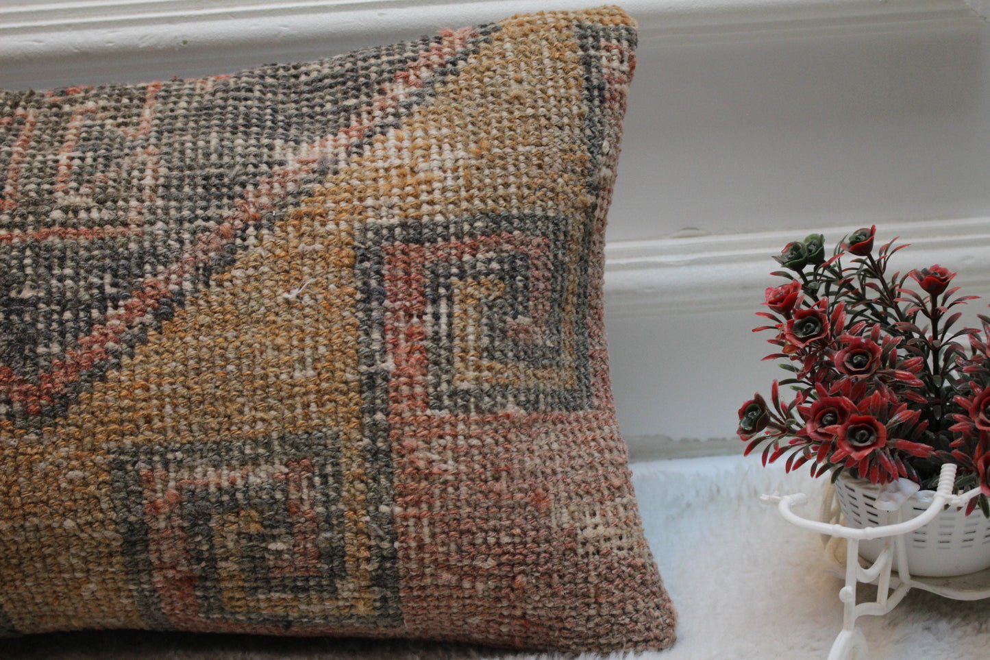 Hand Knotted Wool Pillow Cover: Geometric Turkish Rug Design (12x20 in)