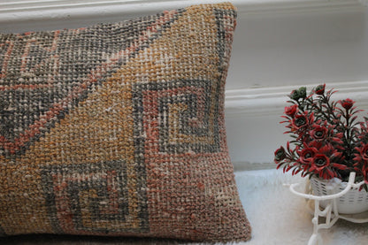 Hand Knotted Wool Pillow Cover: Geometric Turkish Rug Design (12x20 in)