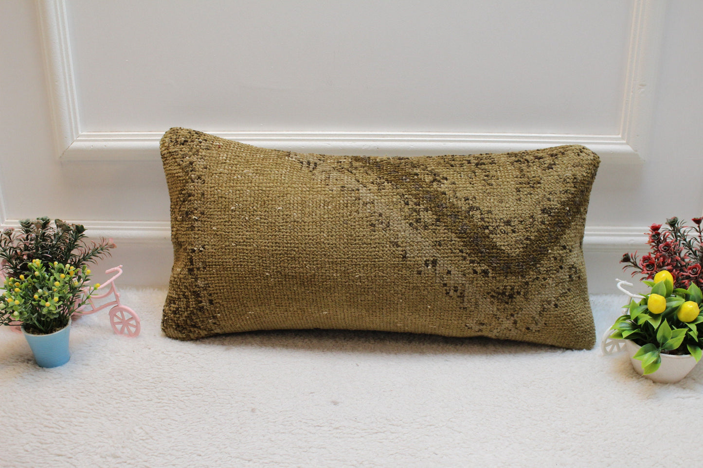 Hand Knotted Wool Lumbar Pillow: Beige Brown Turkish Rug Case (12x24 in)