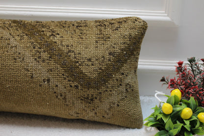 Hand Knotted Wool Lumbar Pillow: Beige Brown Turkish Rug Case (12x24 in)