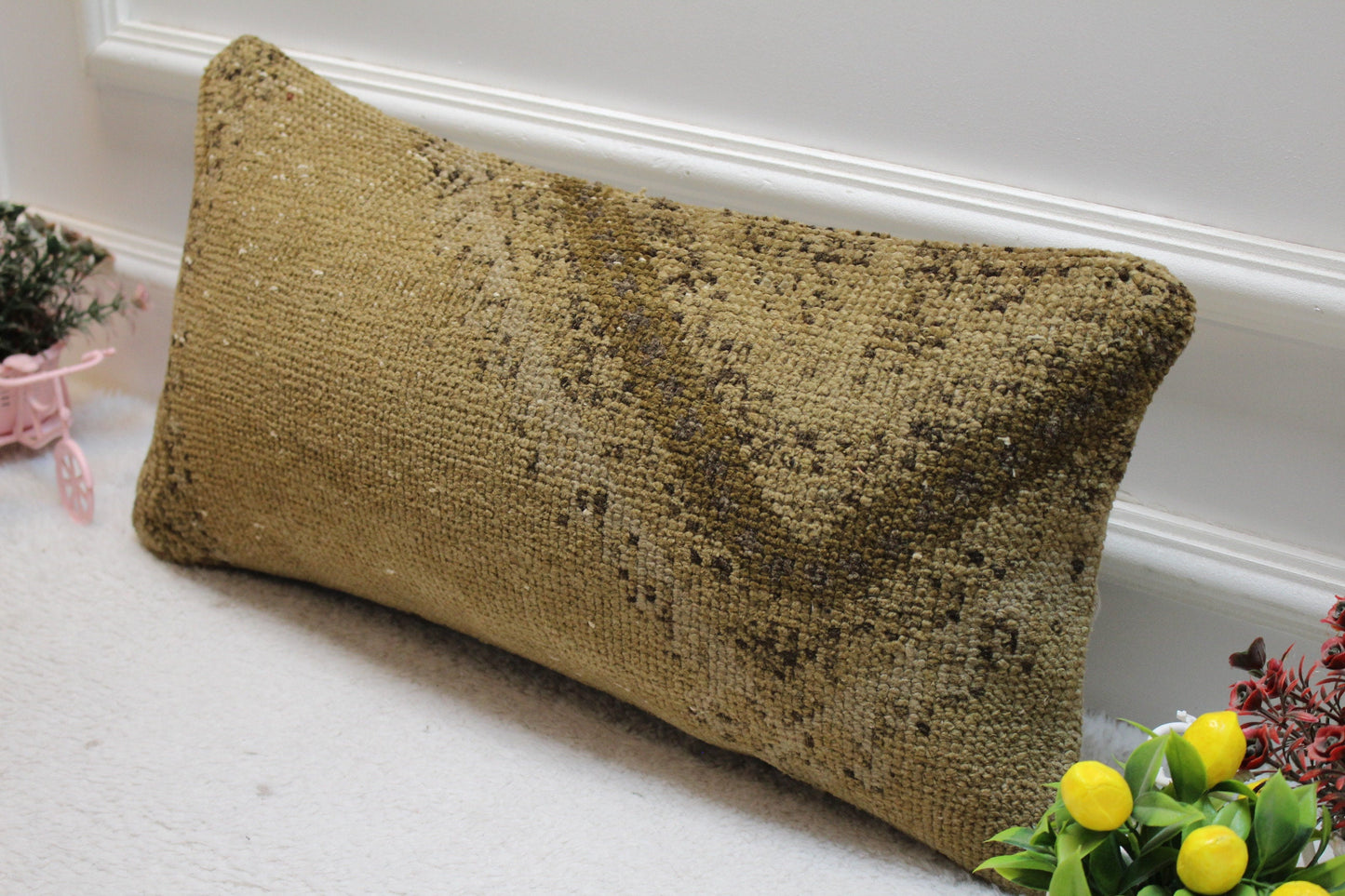 Hand Knotted Wool Lumbar Pillow: Beige Brown Turkish Rug Case (12x24 in)