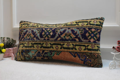 Handmade Kilim Lumbar Pillow Cover: Boho Woven Rug Pillow (12x24 in)