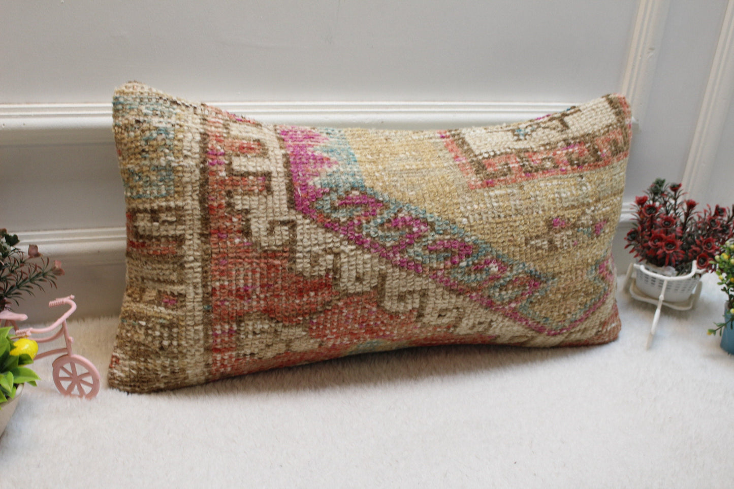 Handmade Kilim Lumbar Pillow Cover: Upcycled Wool Rug, 12x24 inc