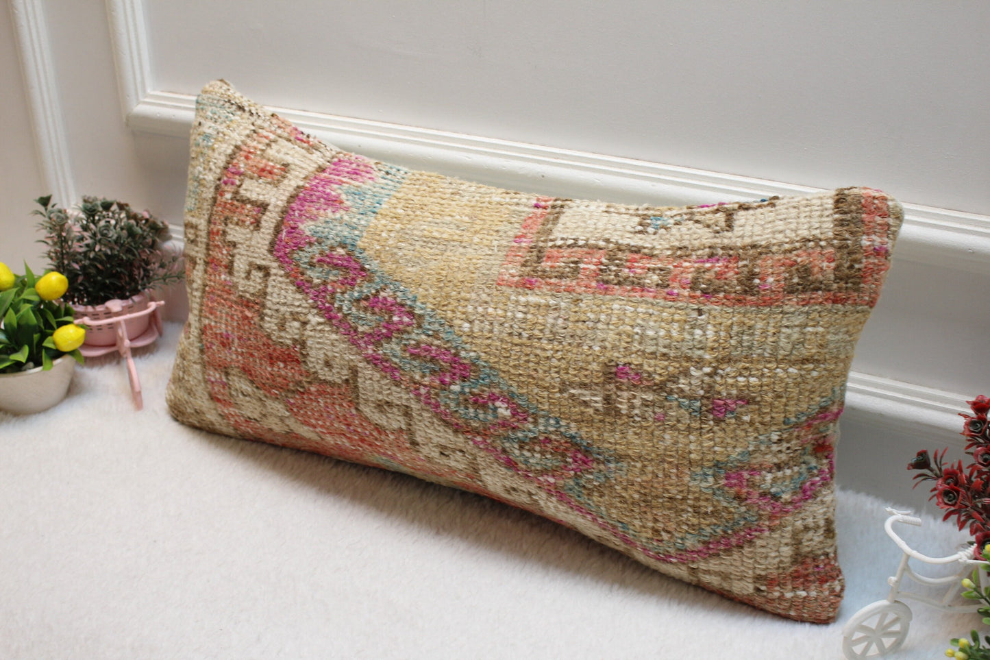 Handmade Kilim Lumbar Pillow Cover: Upcycled Wool Rug, 12x24 inc