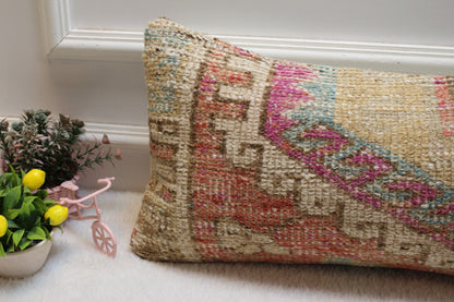 Handmade Kilim Lumbar Pillow Cover: Upcycled Wool Rug, 12x24 inc