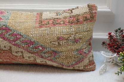 Handmade Kilim Lumbar Pillow Cover: Upcycled Wool Rug, 12x24 inc