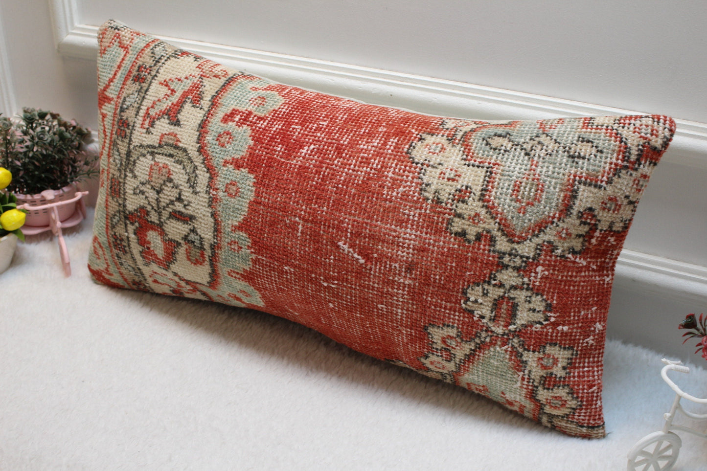 Red Beige Turkish Rug Lumbar Pillow Cover: Vintage Wool, 12x24 inch