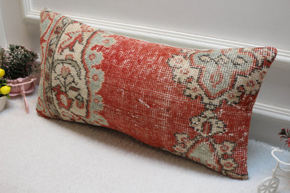 Red Beige Turkish Rug Lumbar Pillow Cover: Vintage Wool, 12x24 inch