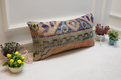 Vintage Turkish Rug Lumbar Pillow Cover: Blue & Orange Wool (12x24 in)