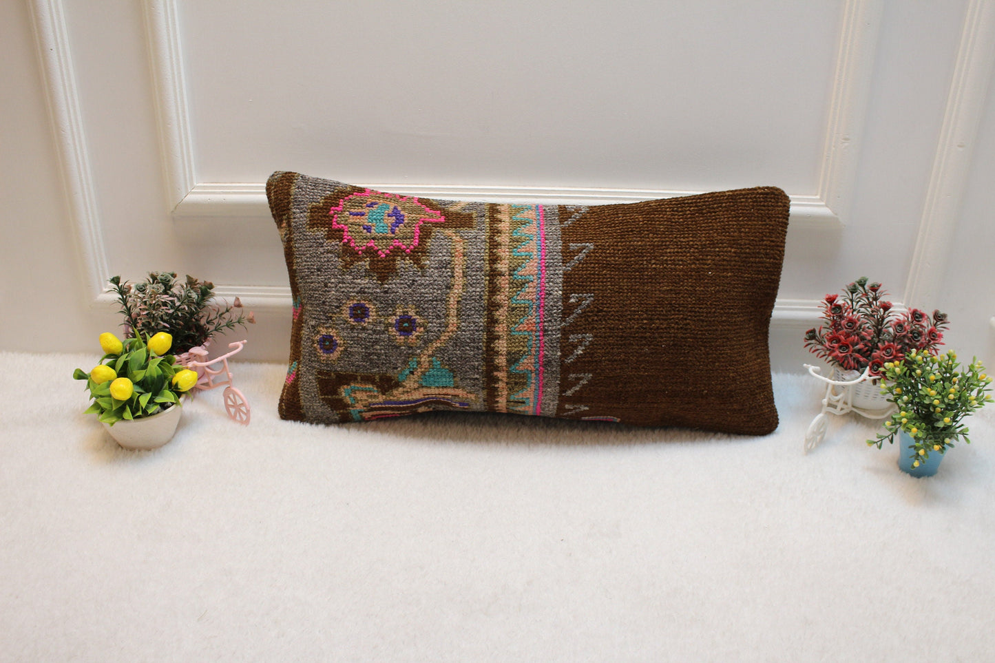 Vintage Turkish Rug Lumbar Pillow Cover: Brown & Gray, 12x24 inc
