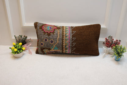 Vintage Turkish Rug Lumbar Pillow Cover: Brown & Gray, 12x24 inc