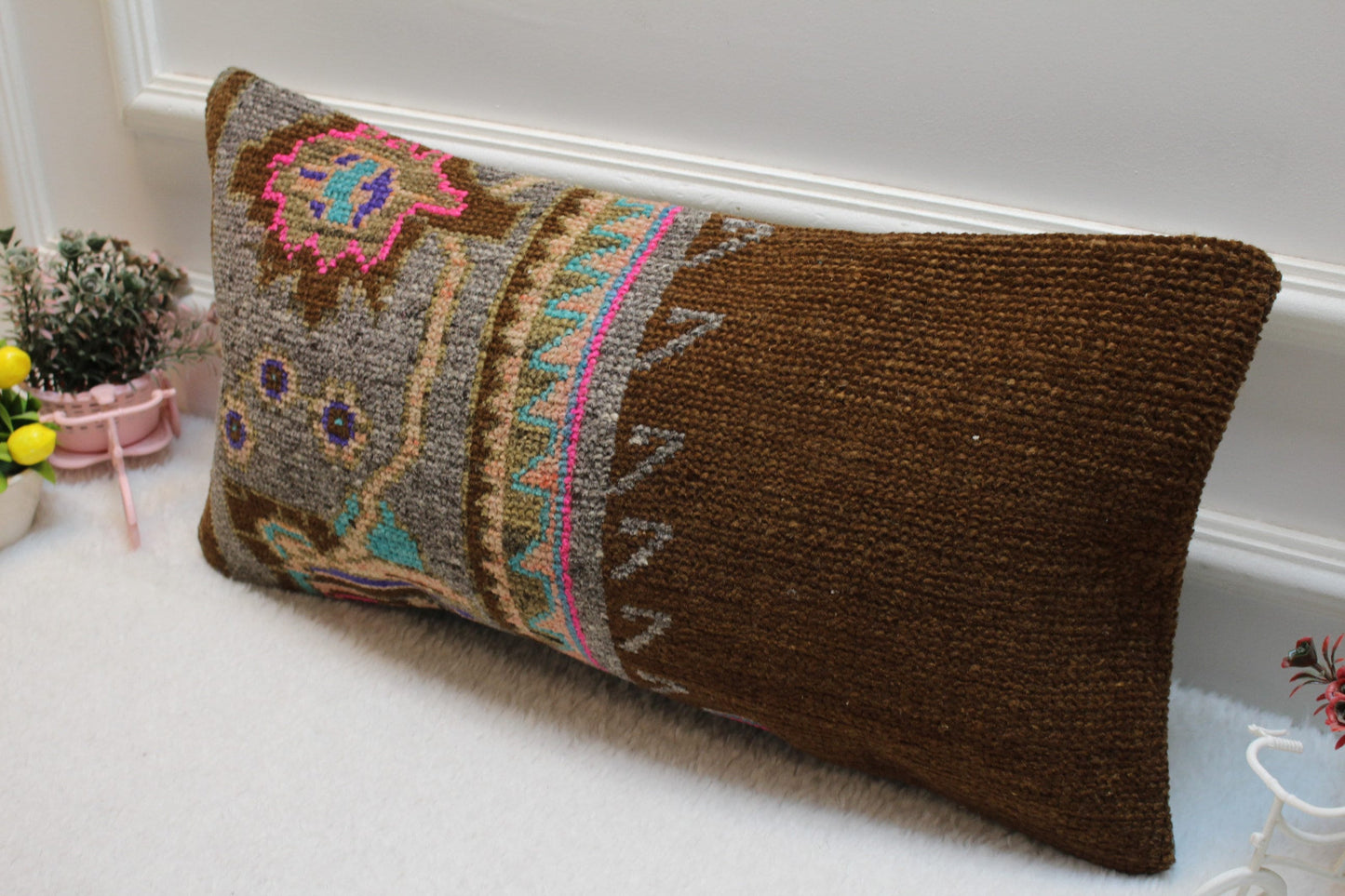 Vintage Turkish Rug Lumbar Pillow Cover: Brown & Gray, 12x24 inc