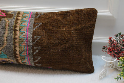 Vintage Turkish Rug Lumbar Pillow Cover: Brown & Gray, 12x24 inc