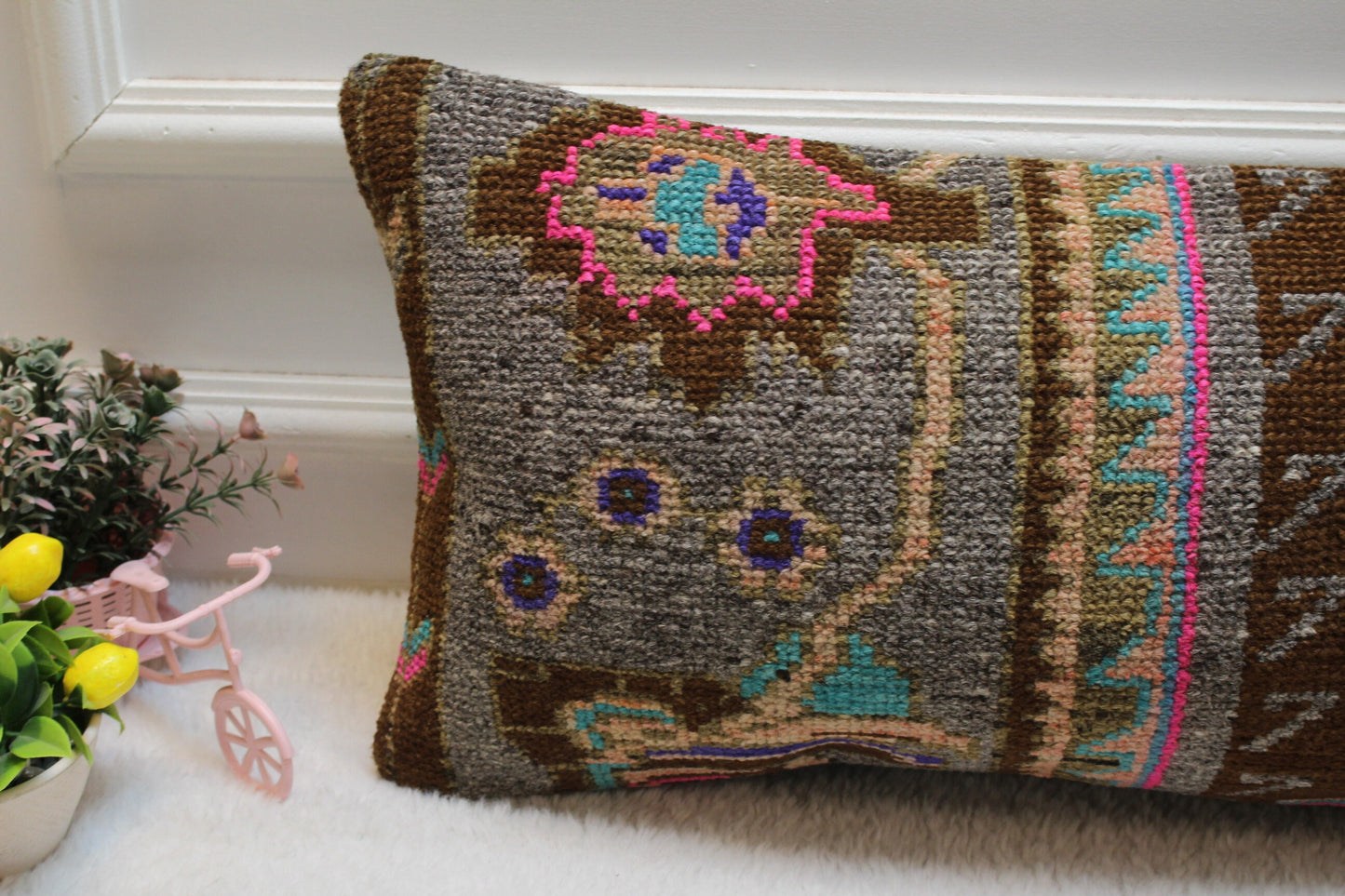 Vintage Turkish Rug Lumbar Pillow Cover: Brown & Gray, 12x24 inc