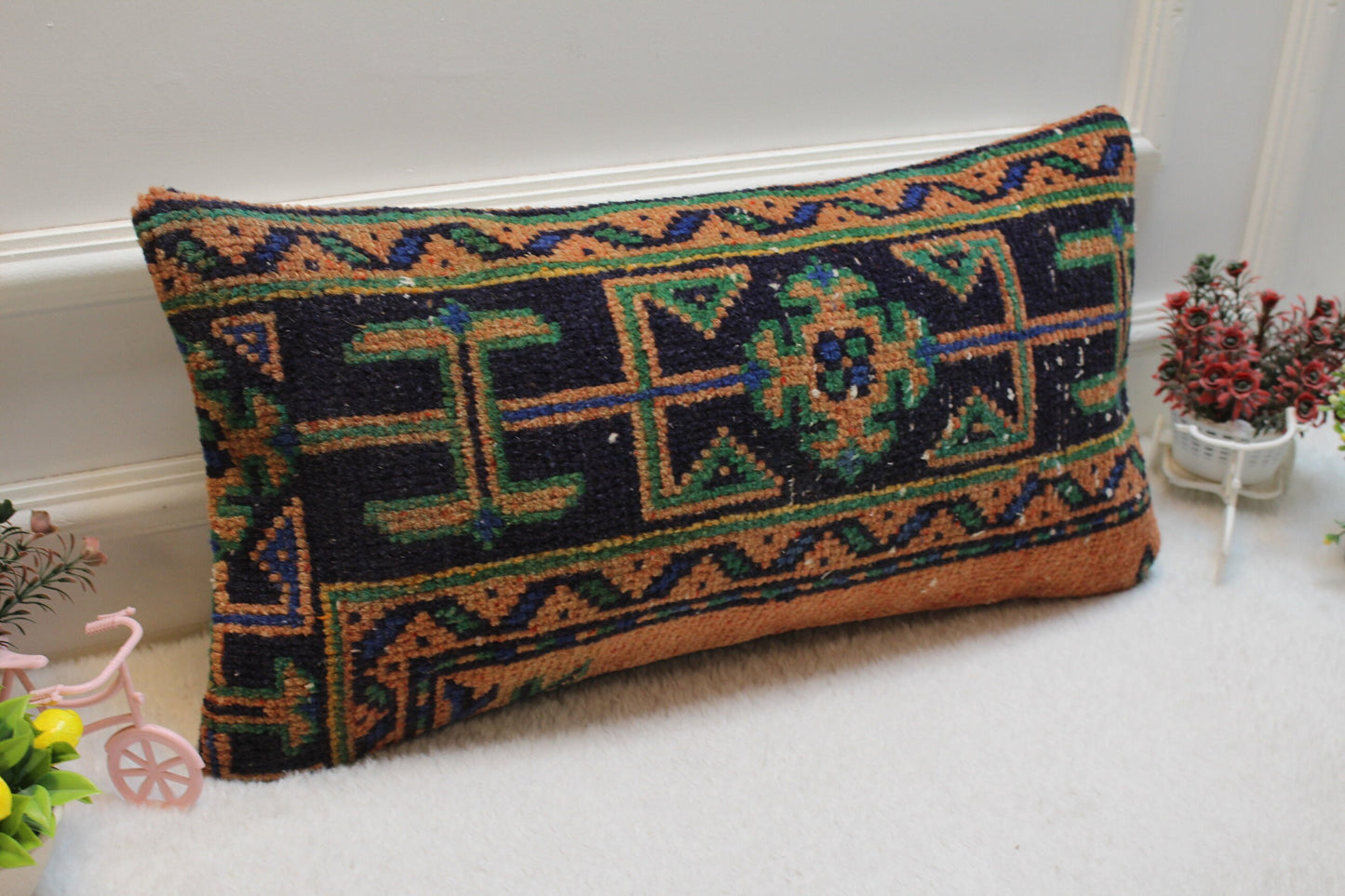Vintage Turkish Rug Lumbar Pillow Cover: Orange, Blue, Green, 12x24 inc