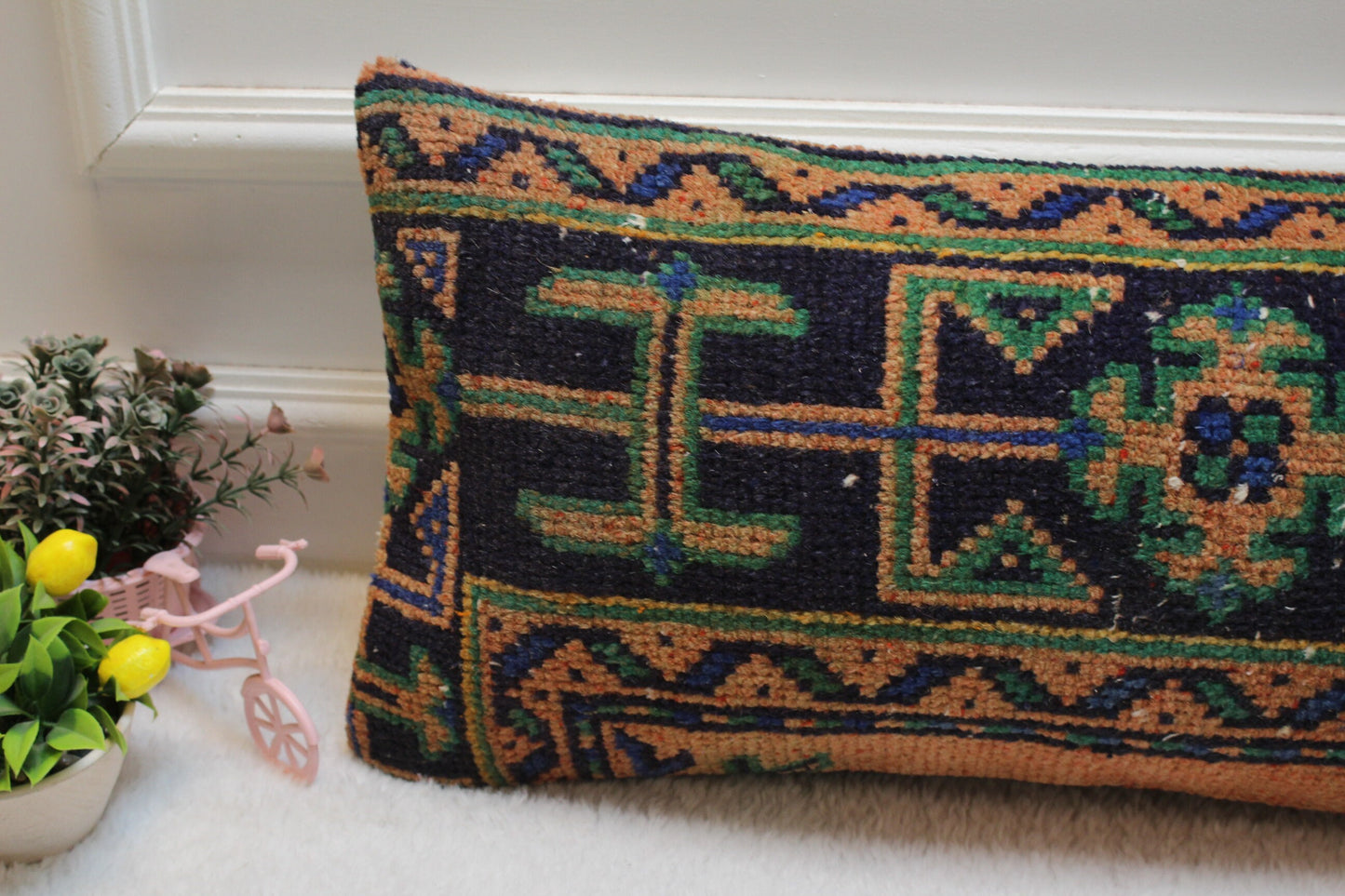 Vintage Turkish Rug Lumbar Pillow Cover: Orange, Blue, Green, 12x24 inc