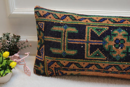 Vintage Turkish Rug Lumbar Pillow Cover: Orange, Blue, Green, 12x24 inc