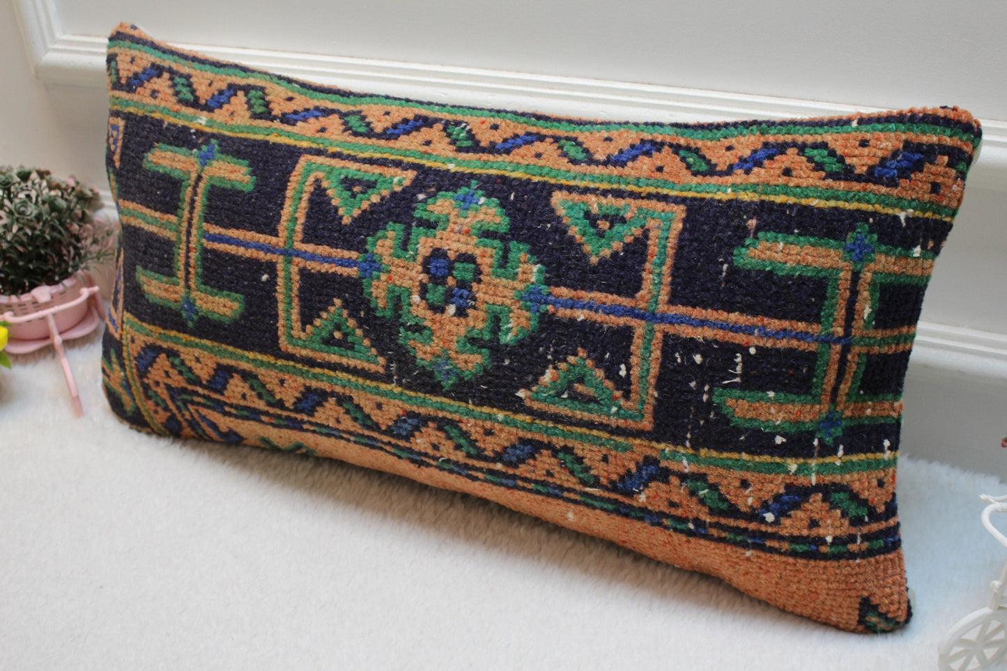 Vintage Turkish Rug Lumbar Pillow Cover: Orange, Blue, Green, 12x24 inc