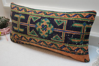 Vintage Turkish Rug Lumbar Pillow Cover: Orange, Blue, Green, 12x24 inc