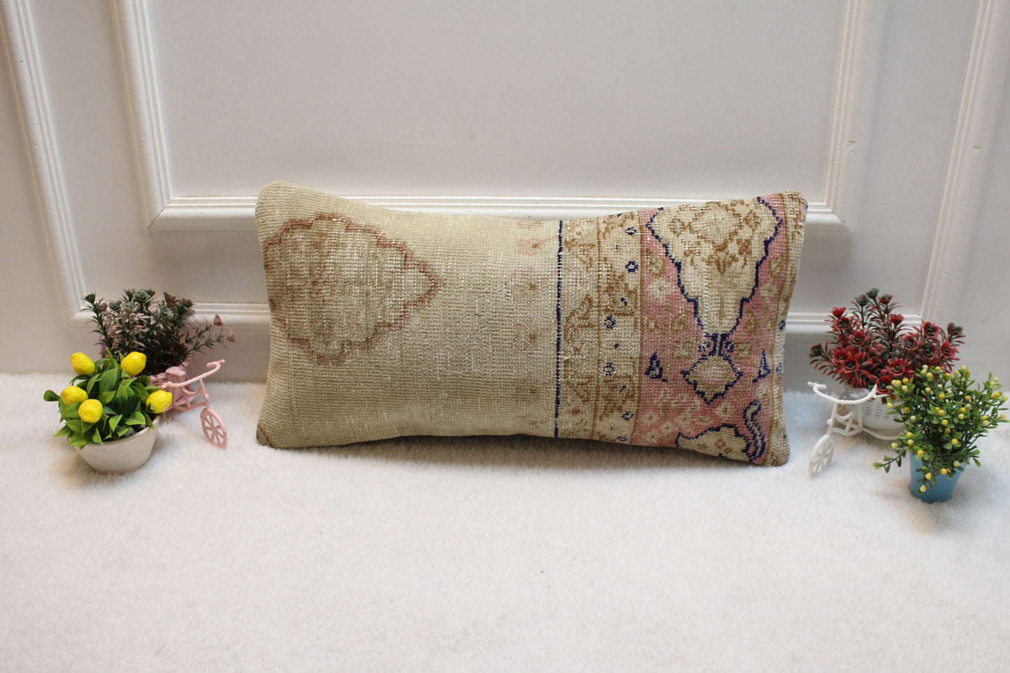 Handmade Turkish Rug Lumbar Pillow Cover: Organic Wool Kilim Pillow, 12x24 inch