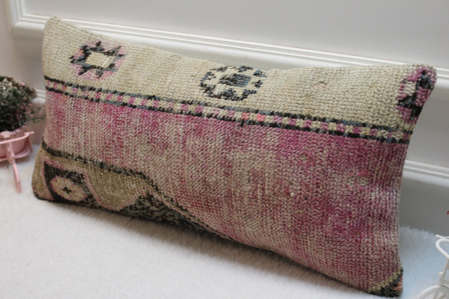 Handmade Turkish Rug Lumbar Pillow Cover: Purple Beige Kilim (12x24 in)