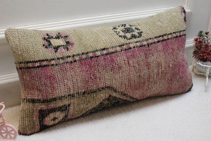 Handmade Turkish Rug Lumbar Pillow Cover: Purple Beige Kilim (12x24 in)