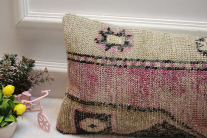 Handmade Turkish Rug Lumbar Pillow Cover: Purple Beige Kilim (12x24 in)