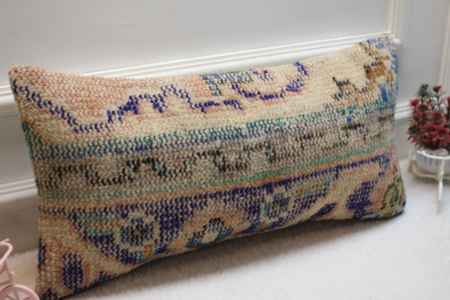 Handmade Kilim Lumbar Pillow Cover: Vintage Turkish Rug, 12x24 inch