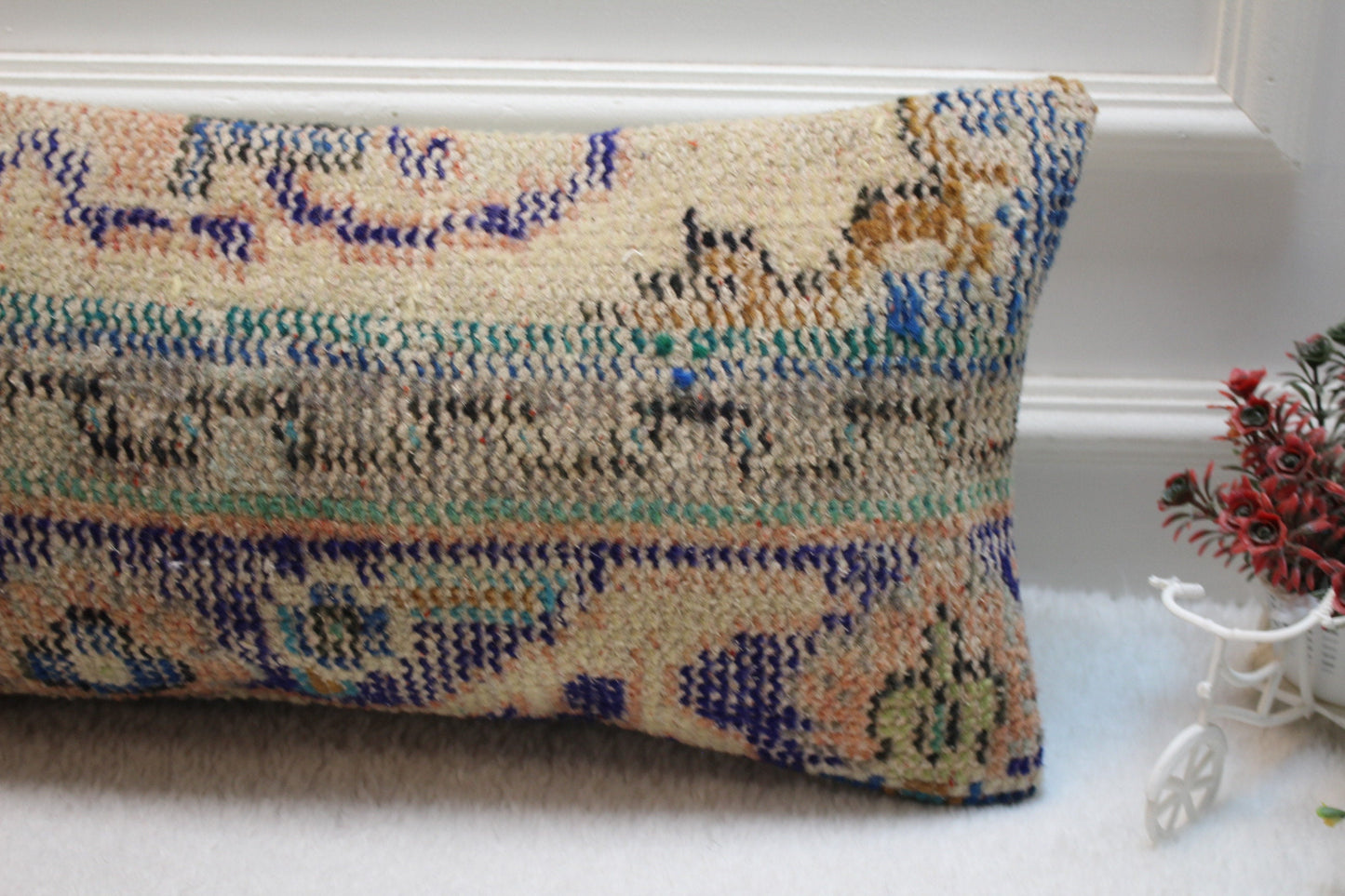 Handmade Kilim Lumbar Pillow Cover: Vintage Turkish Rug, 12x24 inch