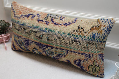 Handmade Kilim Lumbar Pillow Cover: Vintage Turkish Rug, 12x24 inch